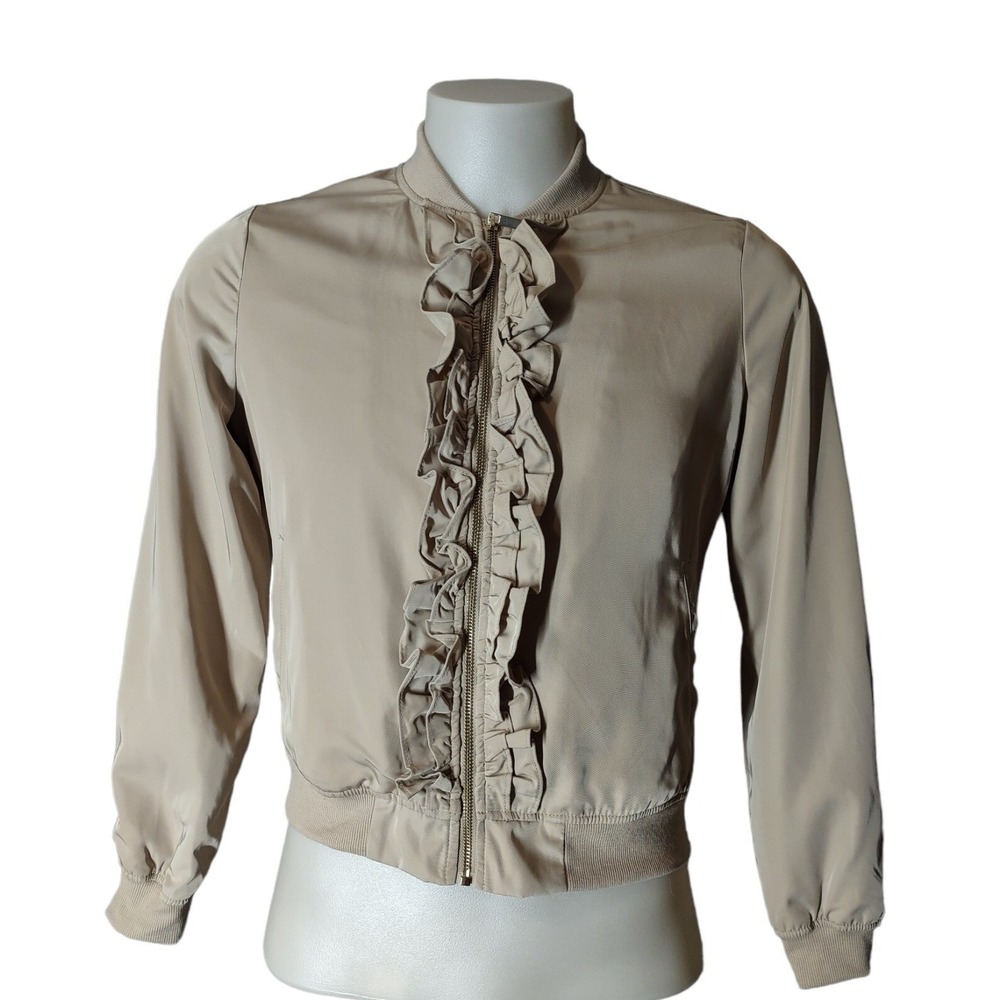 Candie's Jacket Women's Large Coat Embroidered Art Elastic Waist Full Zip Beige.